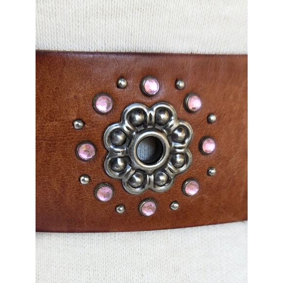 Y2K Fossil Brown Leather Belt M Floral Medallion Pink Crystal Glam - Picture 2 of 8